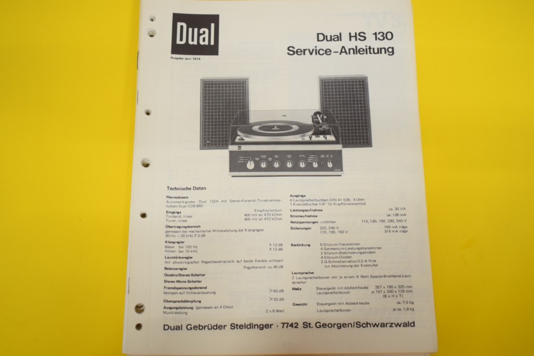 Dual HS 130 Turntable / Amplifier / Speaker Service Manual  			